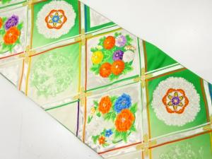 アンティーク　斜め格子に花丸模様織り出し袋帯（材料）